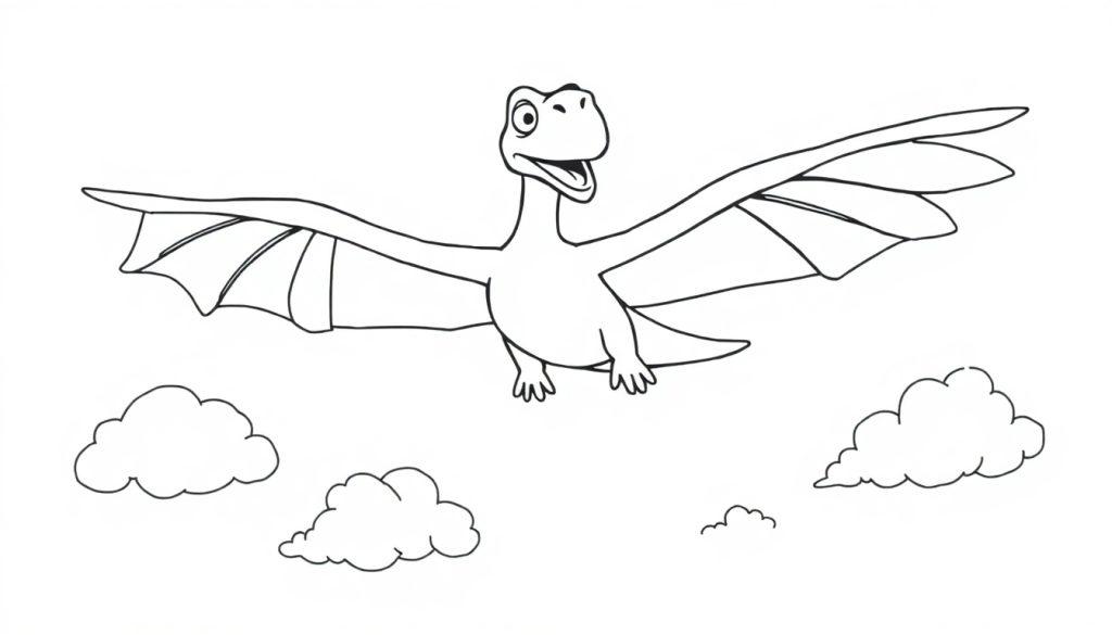 Eine Schwarz-Weiß-Farbtafel eines freundlichen Cartoon-Pteranodons, der durch Wolken fliegt.