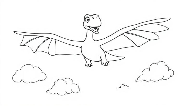 Eine Schwarz-Weiß-Farbtafel eines freundlichen Cartoon-Pteranodons, der durch Wolken fliegt.