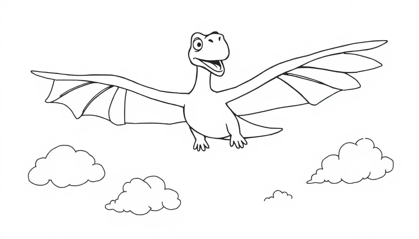 Eine Schwarz-Weiß-Farbtafel eines freundlichen Cartoon-Pteranodons, der durch Wolken fliegt.