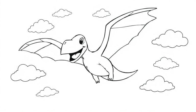 Ein schelmisch grinsender Pteranodon fliegt durch eine Farbtafel-Wolkenlandschaft.