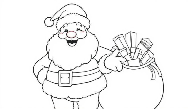 Schwarz-Weiß-Farbtafel von Santa Claus mit einem Sack voller Geschenke, bereit zum Ausmalen.