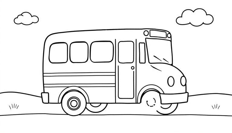 Eine schwarz-weiße Farbtafel eines Cartoon-Schulbusses, der auf einer Straße fährt, mit zwei Wolken im Himmel.