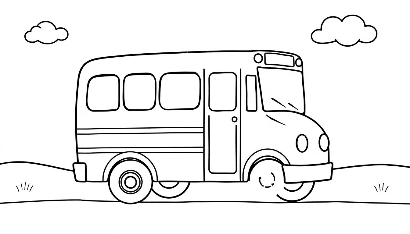 Eine schwarz-weiße Farbtafel eines Cartoon-Schulbusses, der auf einer Straße fährt, mit zwei Wolken im Himmel.