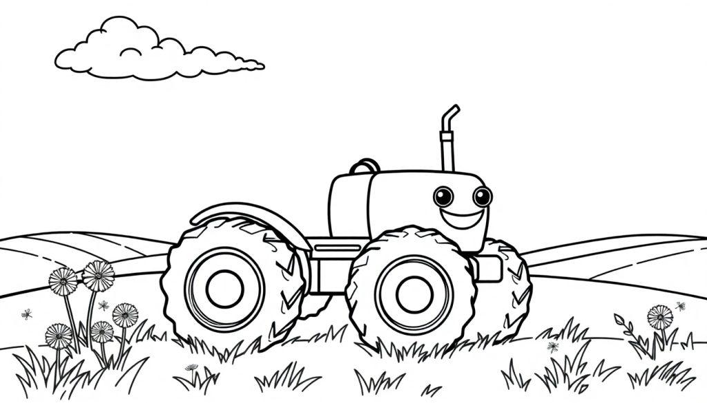 Schwarz-Weiß-Farbtafel eines lächelnden Cartoon-Traktors auf einem Feld.