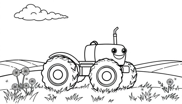 Schwarz-Weiß-Farbtafel eines lächelnden Cartoon-Traktors auf einem Feld.