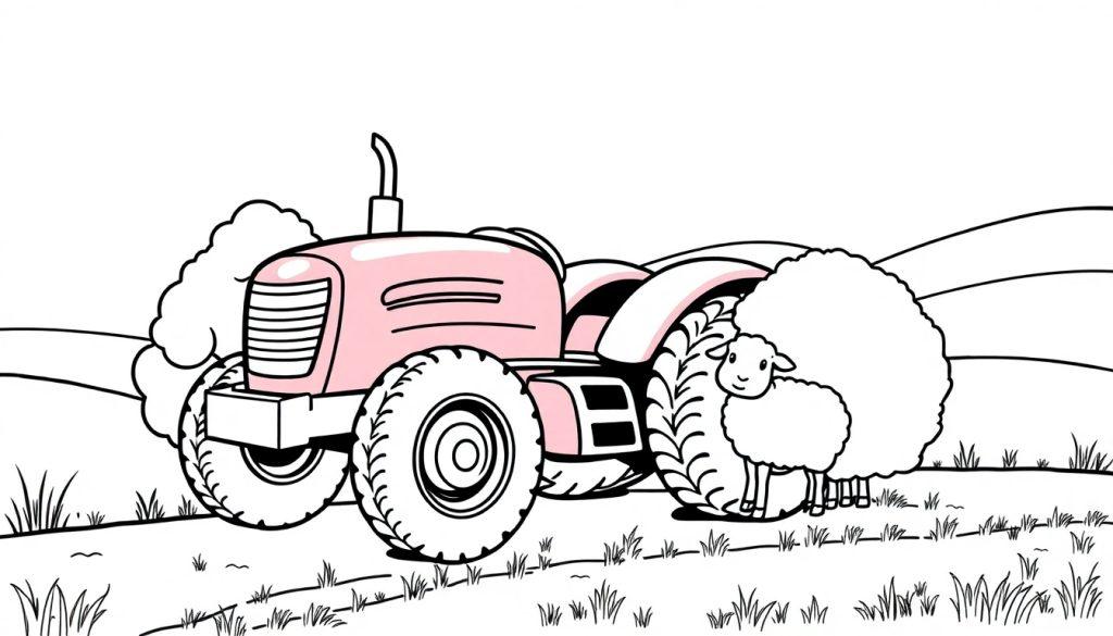 Eine schwarz-weiße Farbtafel-Illustration eines rosafarbenen Traktors mit einem Schaf, das zum Ausmalen bereit ist.