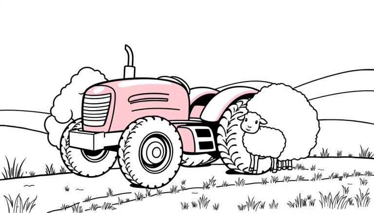 Eine schwarz-weiße Farbtafel-Illustration eines rosafarbenen Traktors mit einem Schaf, das zum Ausmalen bereit ist.