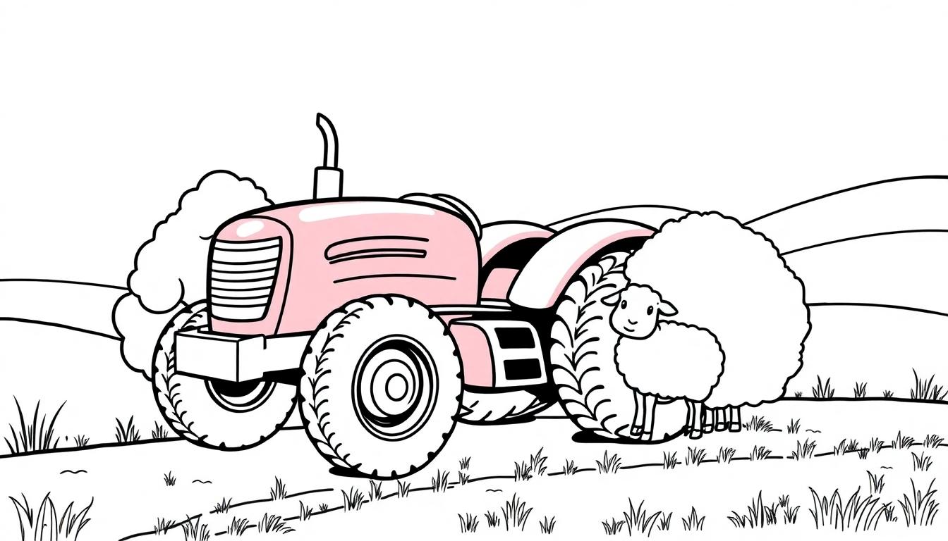 Eine schwarz-weiße Farbtafel-Illustration eines rosafarbenen Traktors mit einem Schaf, das zum Ausmalen bereit ist.