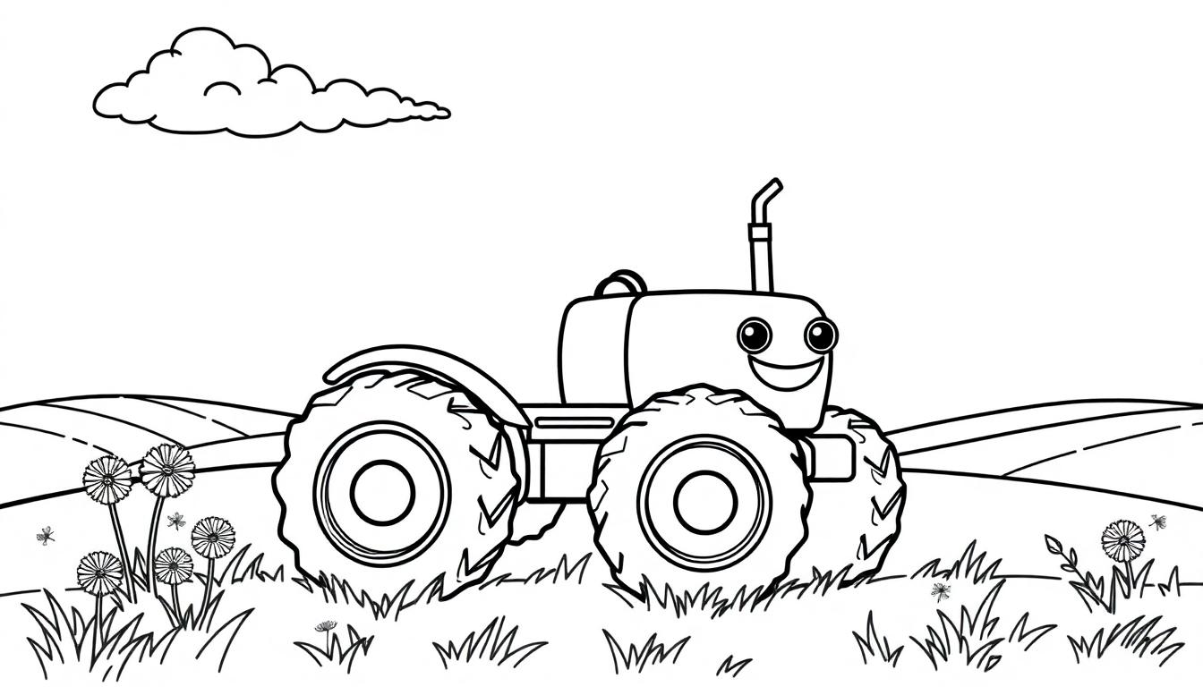 Schwarz-Weiß-Farbtafel eines lächelnden Cartoon-Traktors auf einem Feld.