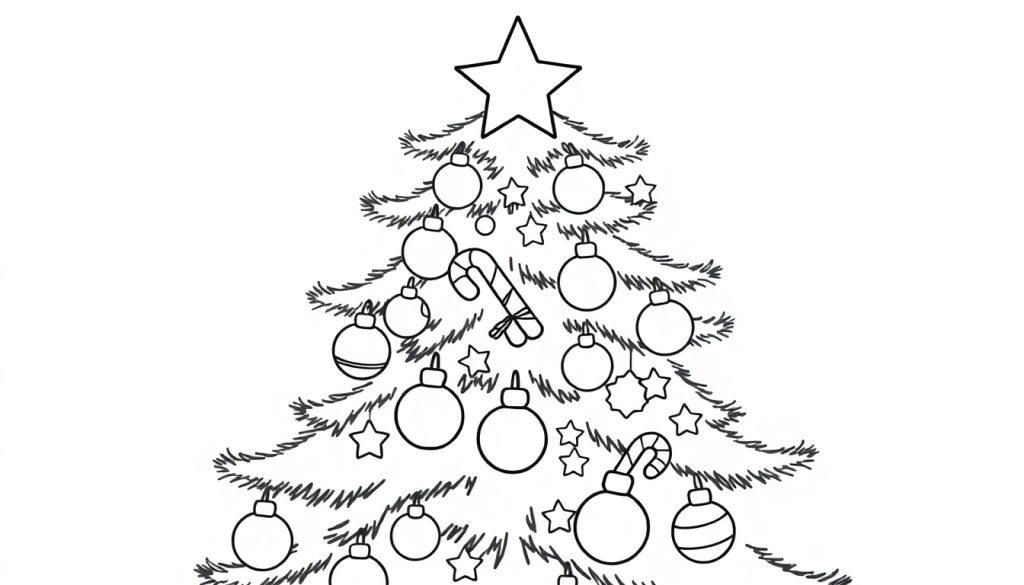 Eine schwarz-weiße Farbtafel eines Weihnachtsbaums mit Ornamenten, Sternen und Zuckerstangen zum Ausmalen.