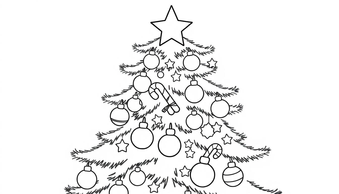 Eine schwarz-weiße Farbtafel eines Weihnachtsbaums mit Ornamenten, Sternen und Zuckerstangen zum Ausmalen.