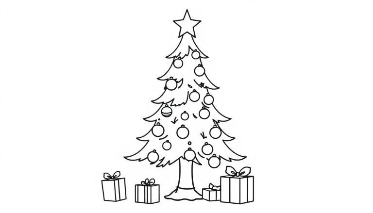 Schwarz-weiße Farbtafel eines Weihnachtsbaums mit Geschenken zum Ausmalen.