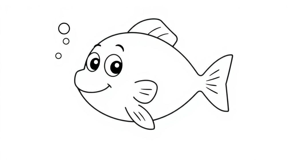 Eine einfache Farbtafel eines lächelnden Cartoon-Fisches, der nach links schwimmt.