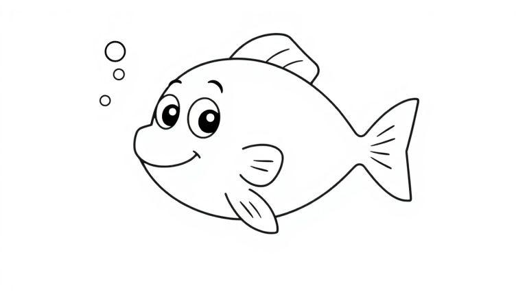 Eine einfache Farbtafel eines lächelnden Cartoon-Fisches, der nach links schwimmt.