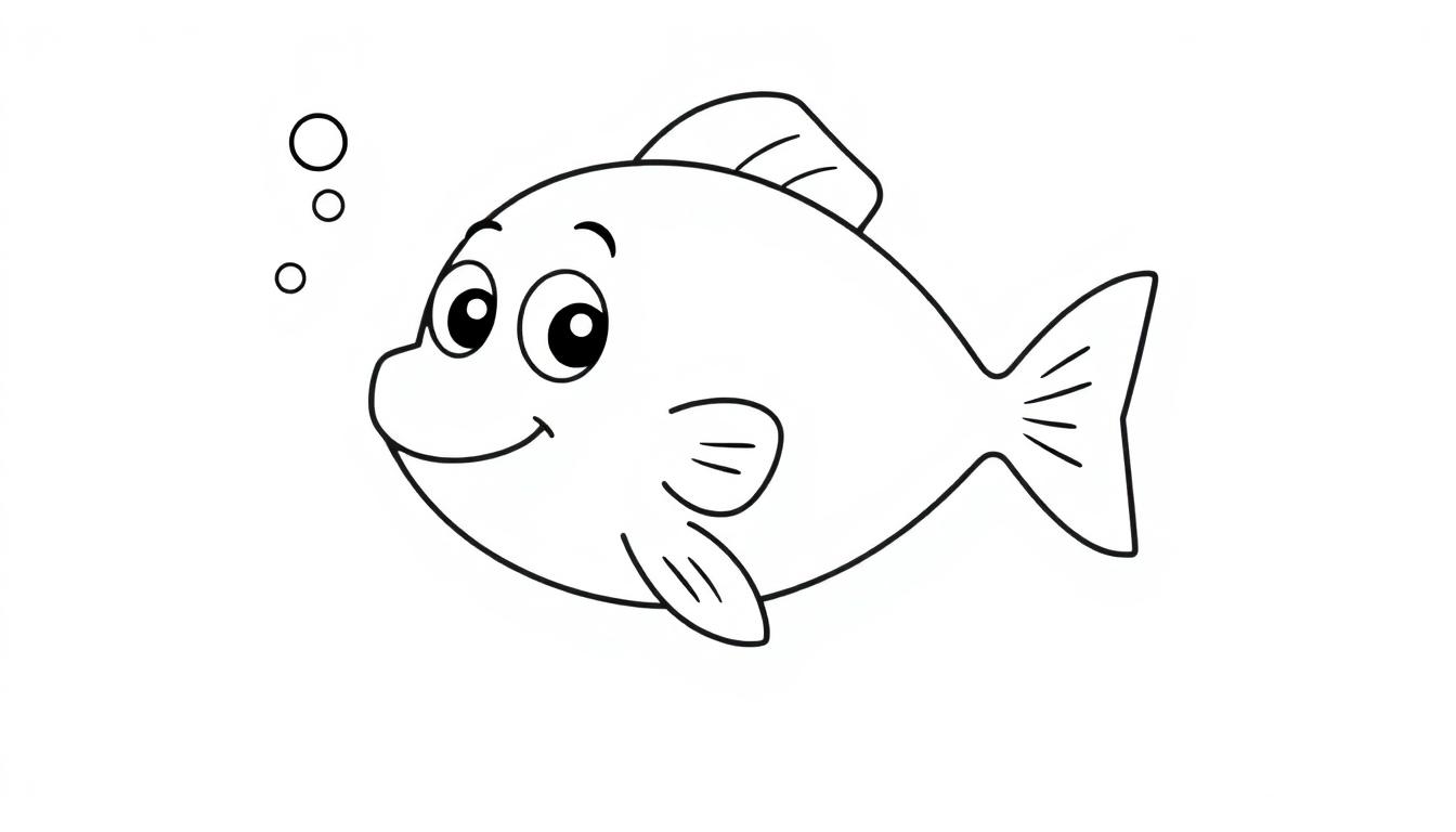 Eine einfache Farbtafel eines lächelnden Cartoon-Fisches, der nach links schwimmt.