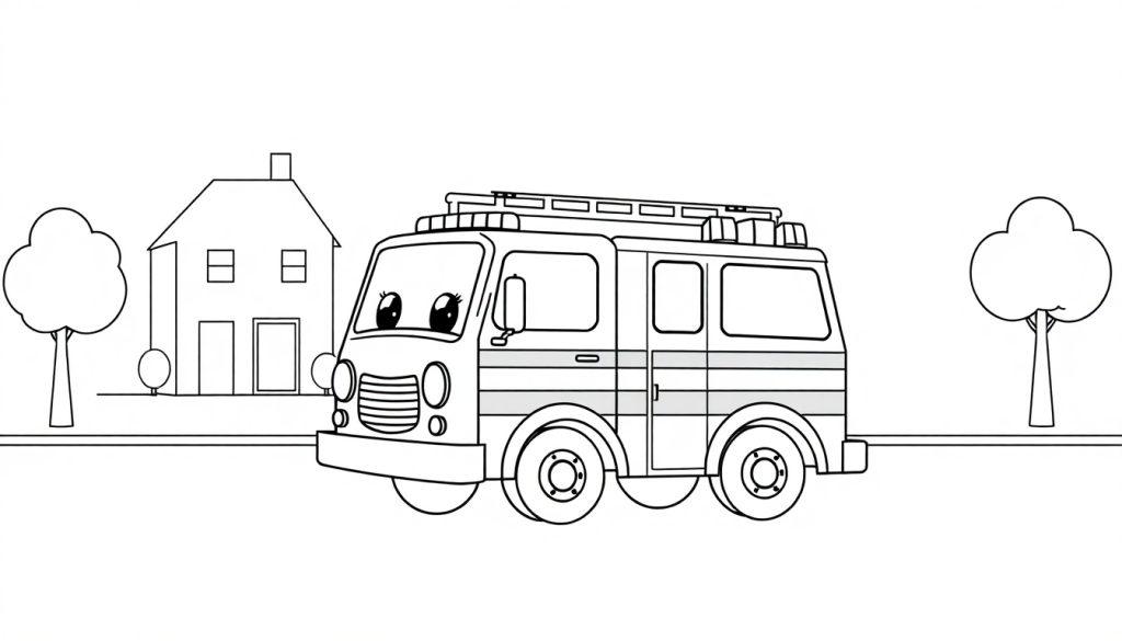 Schwarz-weiße Farbtafel eines fröhlichen Cartoon-Feuerwehrautos auf einer Straße mit einem Haus und Bäumen im Hintergrund.