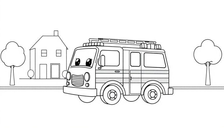 Schwarz-weiße Farbtafel eines fröhlichen Cartoon-Feuerwehrautos auf einer Straße mit einem Haus und Bäumen im Hintergrund.