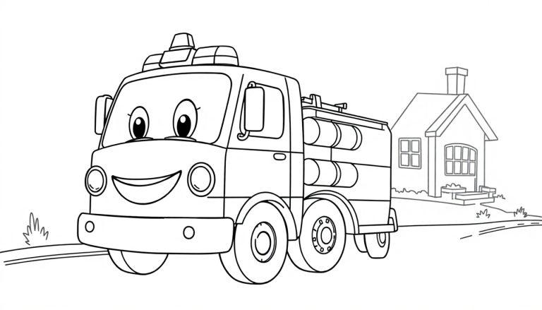 Eine freundliche Schwarz-Weiß-Farbtafel eines Cartoon-Feuerwehrautos mit einem Haus im Hintergrund.