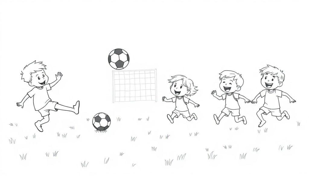 Farbtafel: Kinder spielen Fußball, ein Junge schießt den Ball, andere rennen zum Tor.
