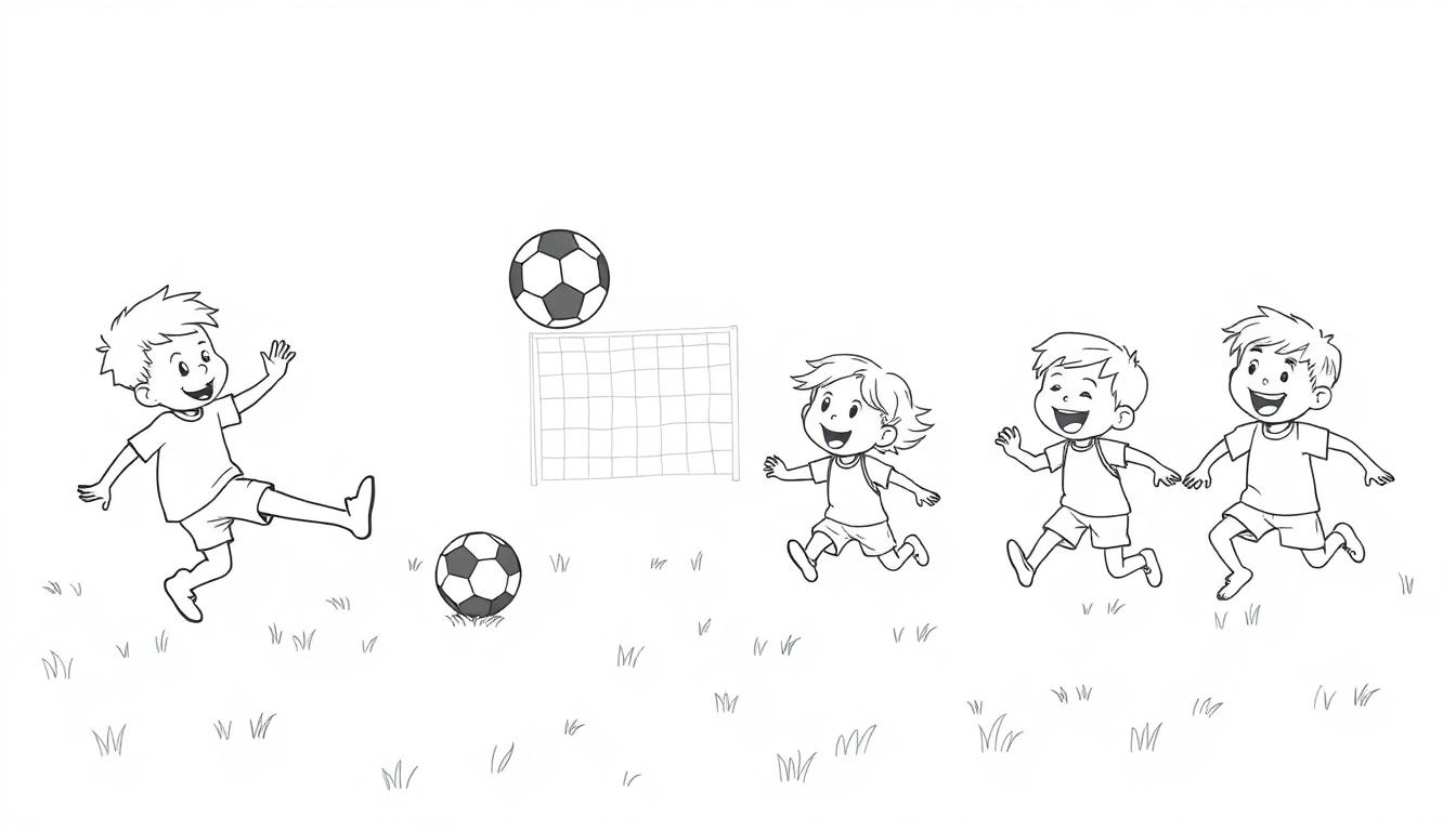 Farbtafel: Kinder spielen Fußball, ein Junge schießt den Ball, andere rennen zum Tor.
