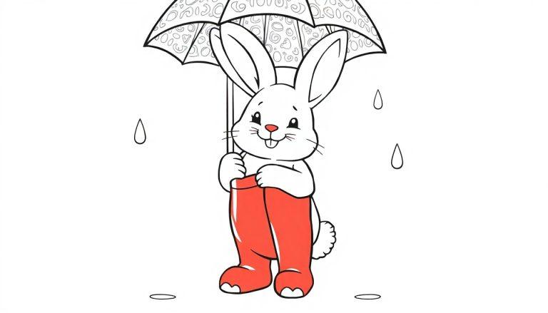 Ein weißes Kaninchen in roten Gummistiefeln steht unter einem bunten Regenschirm und beobachtet den Regen. Ausmalbild-Farbtafel.