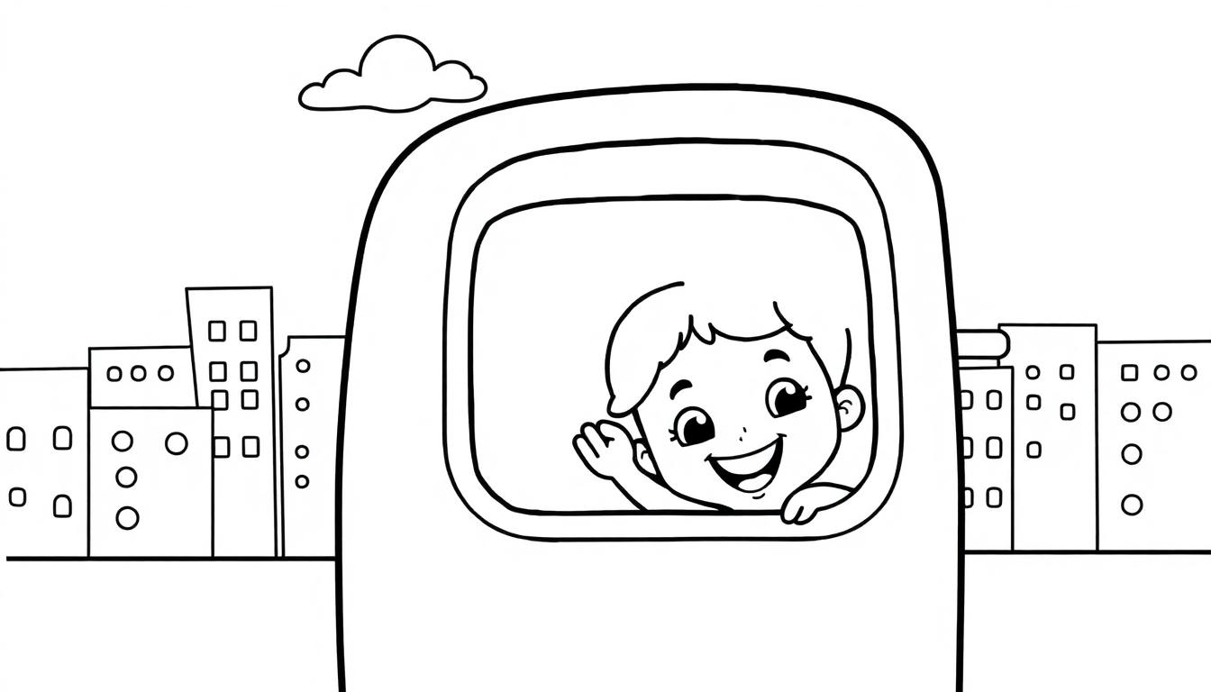 Eine Schwarz-Weiß-Farbtafel eines fröhlichen Kindes, das aus dem Fenster eines Wohnmobils winkt, mit Stadtsilhouetten und einer Wolke.