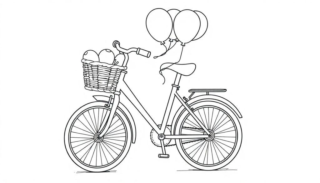 Eine Schwarz-Weiß-Farbtafel-Illustration eines klassischen Fahrrades mit einem vorderen Korb voller Früchte und drei Ballons, die am Sattel befestigt sind.