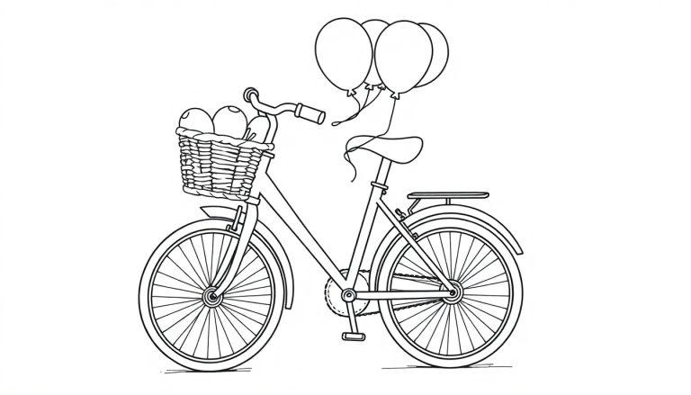 Eine Schwarz-Weiß-Farbtafel-Illustration eines klassischen Fahrrades mit einem vorderen Korb voller Früchte und drei Ballons, die am Sattel befestigt sind.