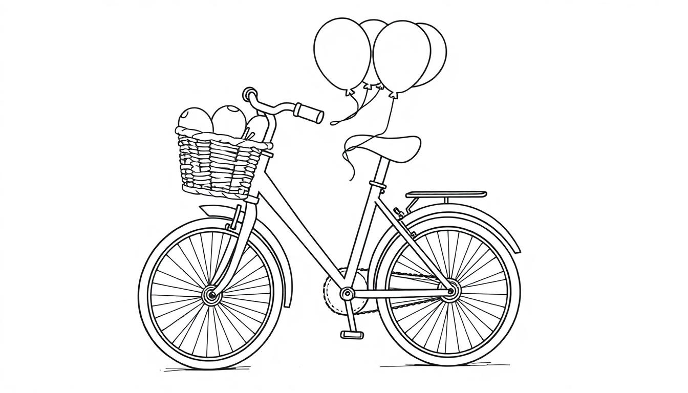 Eine Schwarz-Weiß-Farbtafel-Illustration eines klassischen Fahrrades mit einem vorderen Korb voller Früchte und drei Ballons, die am Sattel befestigt sind.