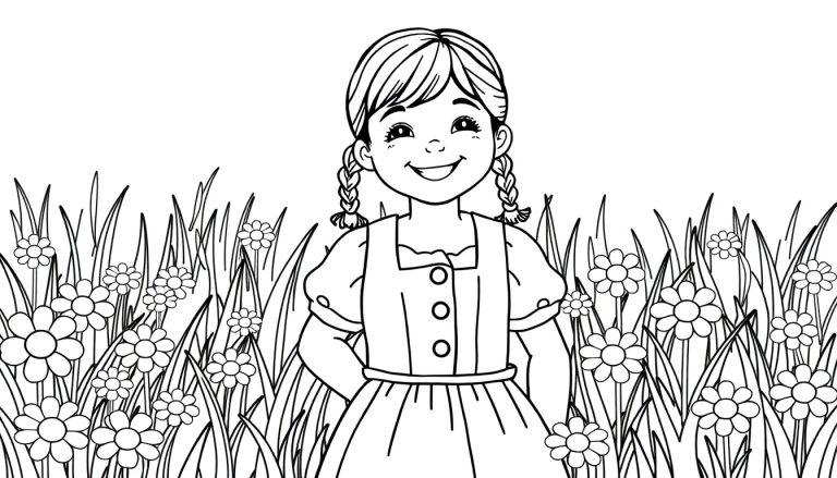 Schwarz-Weiß-Farbtafel: Ein fröhliches Mädchen mit Zöpfen in einem knopfleistenbesetzten Kleid steht lächelnd inmitten eines Blumenfeldes.
