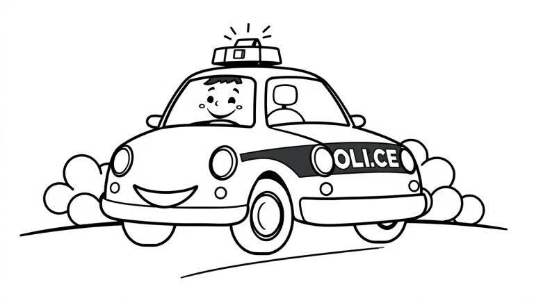 Eine Schwarz-Weiß-Farbtafel eines freundlichen Polizeiautos mit einem Fahrer, das auf einer Straße fährt.