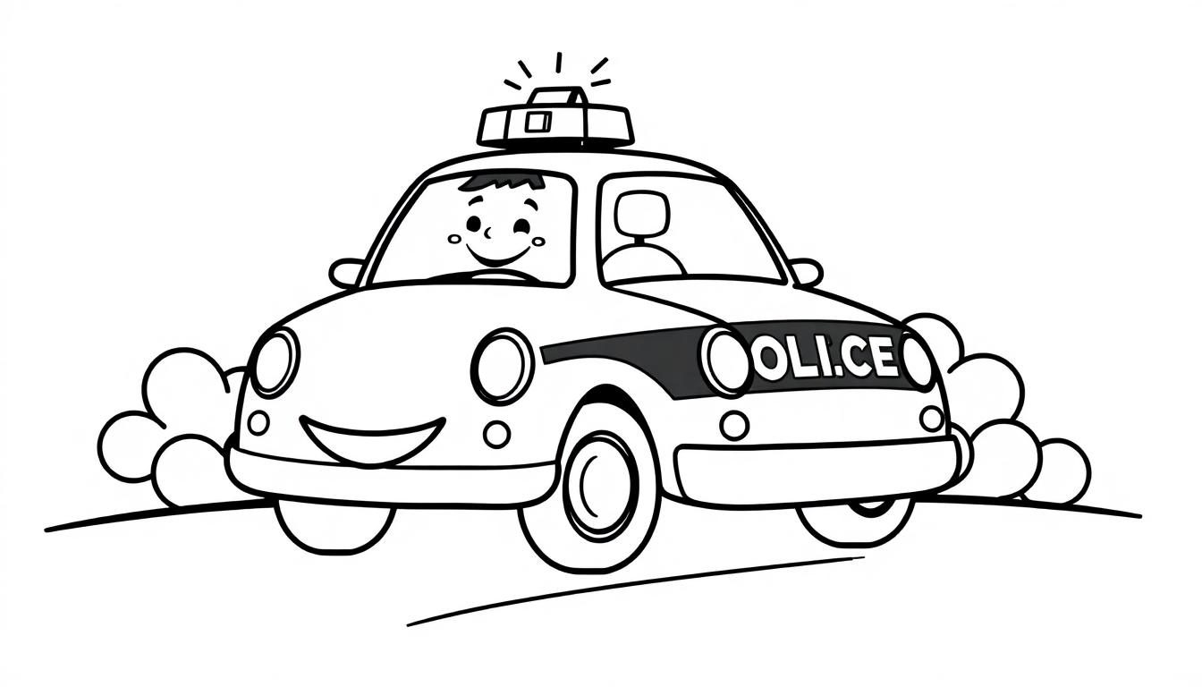 Eine Schwarz-Weiß-Farbtafel eines freundlichen Polizeiautos mit einem Fahrer, das auf einer Straße fährt.