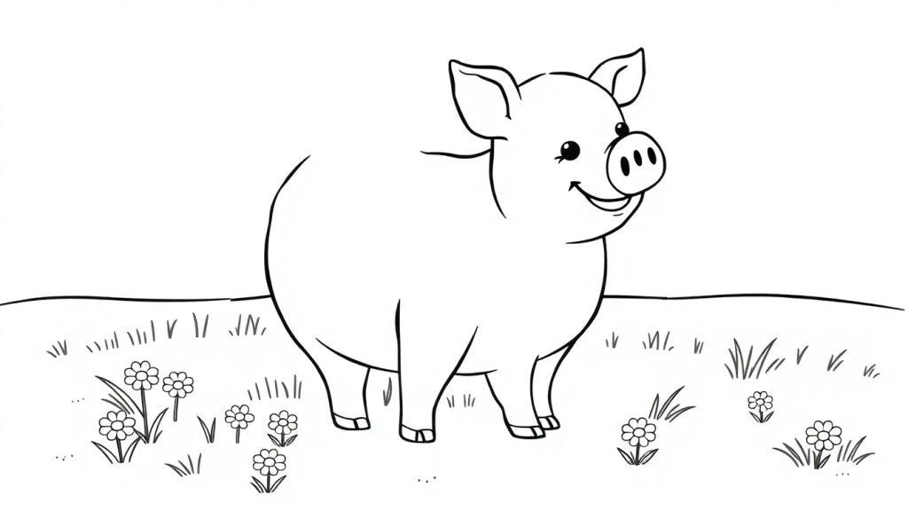 Eine niedliche Cartoon-Farbtafel eines rosa Schweins auf einer Wiese.
