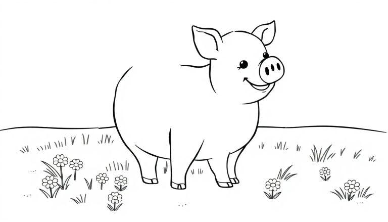 Eine niedliche Cartoon-Farbtafel eines rosa Schweins auf einer Wiese.