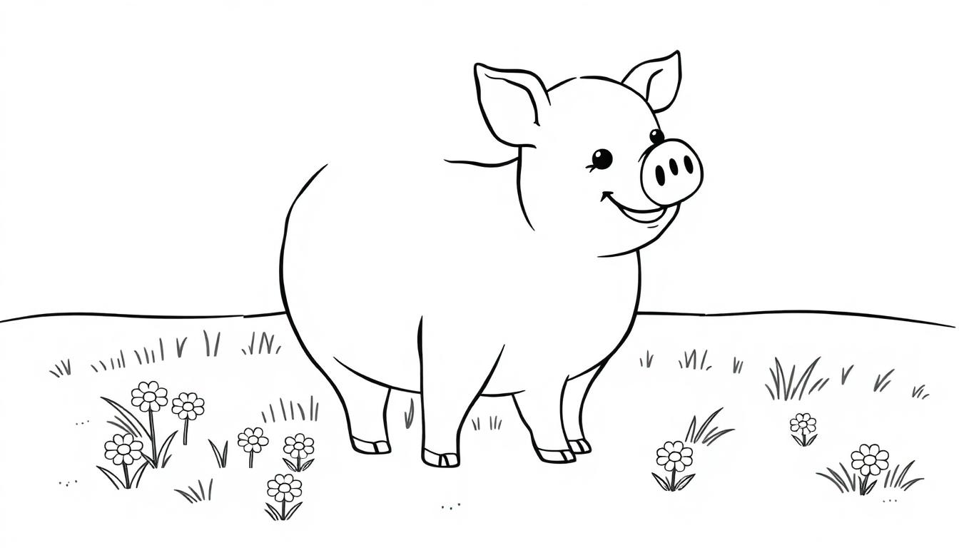 Eine niedliche Cartoon-Farbtafel eines rosa Schweins auf einer Wiese.