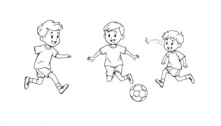Schwarz-Weiß-Farbtafel: Drei Jungen spielen Fußball, einer springt zum Schuss, die anderen rennen auf den Ball zu.