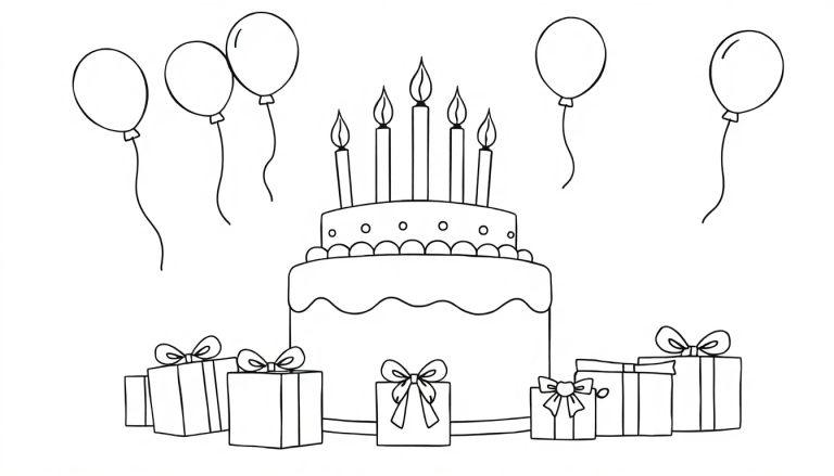 Eine schwarz-weiße Farbtafel eines Geburtstagskuchens mit fünf Kerzen, Geschenken und vier Ballons, bereit zum Ausmalen.
