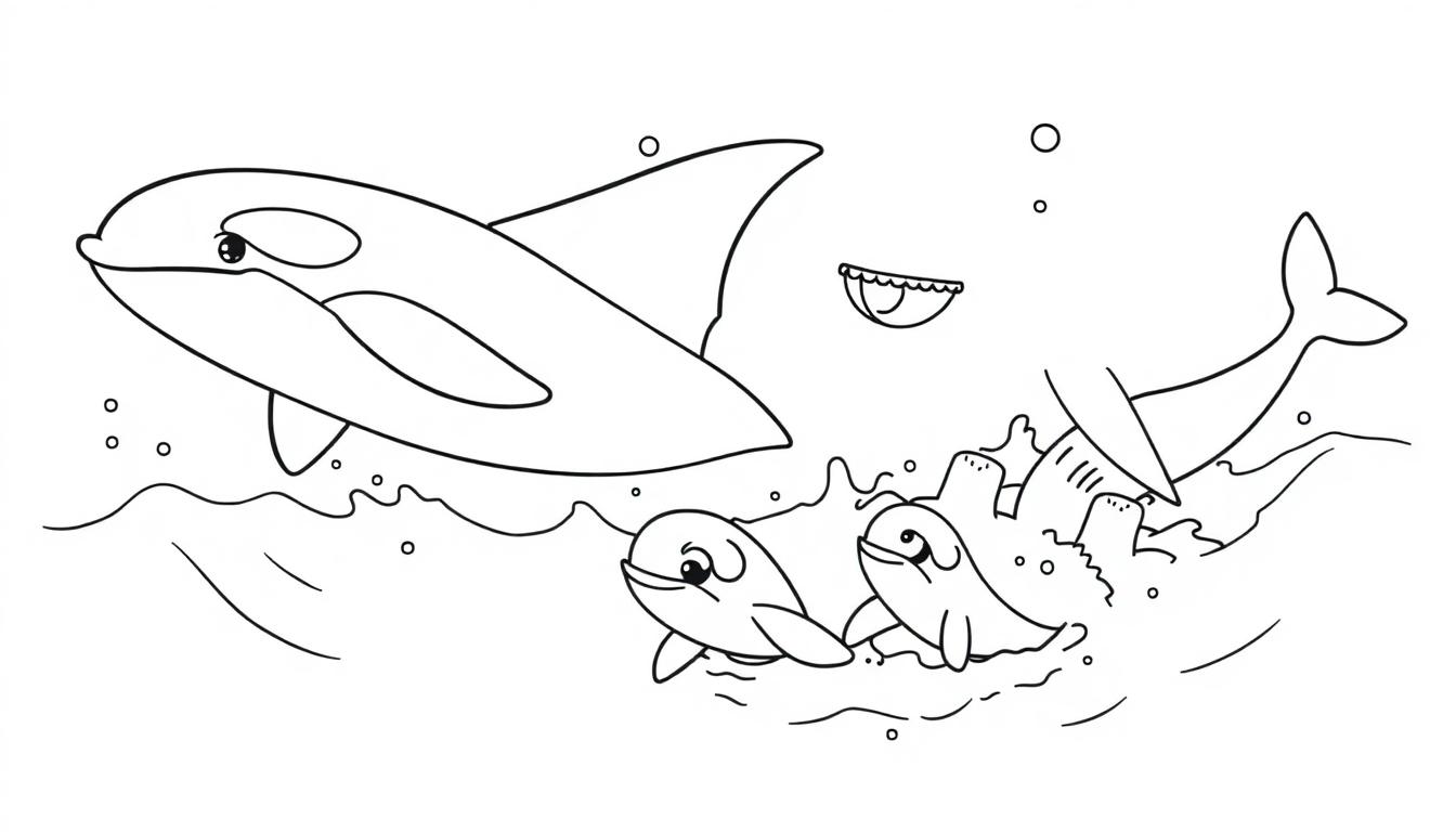 Schwarz-weiße Farbtafel einer glücklichen Schwertwal-Familie mit Delfinen, die im Wasser planschen.