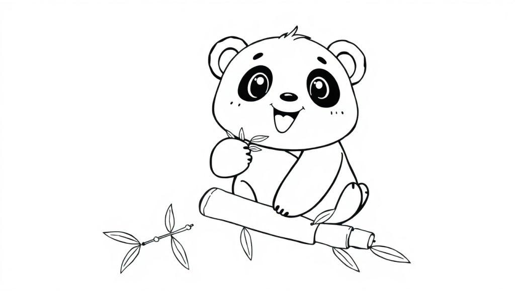 Schwarzweiße Farbtafel eines lächelnden Cartoon-Pandas, der auf einem Bambusstamm sitzt und Bambusblätter isst.