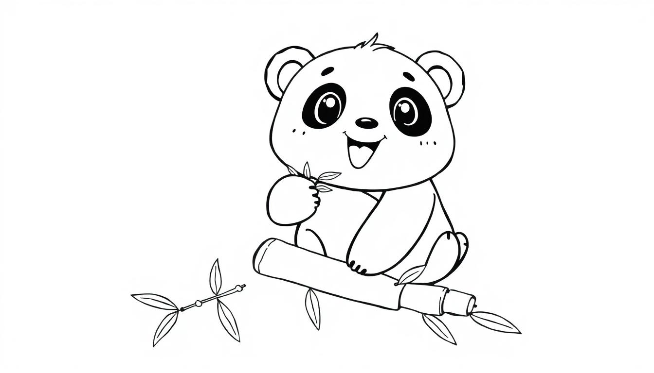 Schwarzweiße Farbtafel eines lächelnden Cartoon-Pandas, der auf einem Bambusstamm sitzt und Bambusblätter isst.