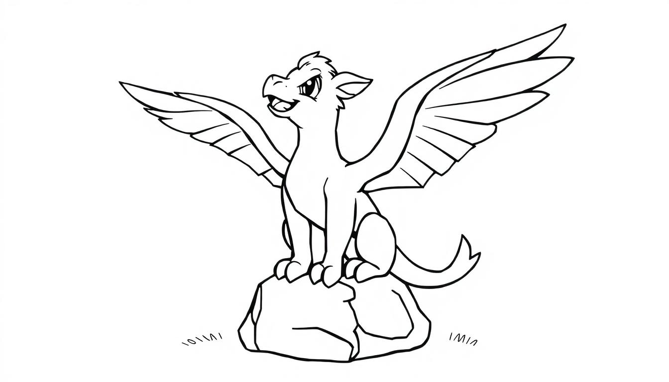 Eine schwarz-weiße Farbtafel-Strichzeichnung eines freundlichen Cartoon-Greifs mit ausgebreiteten Flügeln auf einem Felsen.