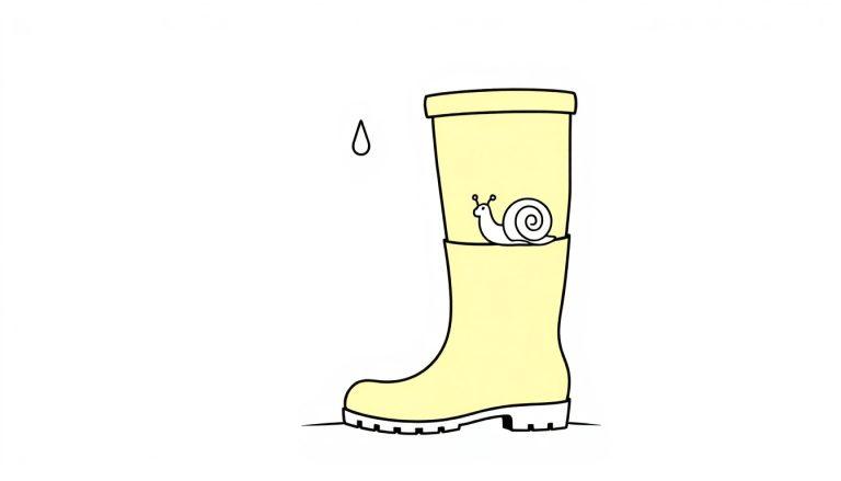 Ein gelber Gummistiefel mit einer Schnecke im Schaft und einem Regentropfen daneben, bereit zum Ausmalen als Farbtafel.