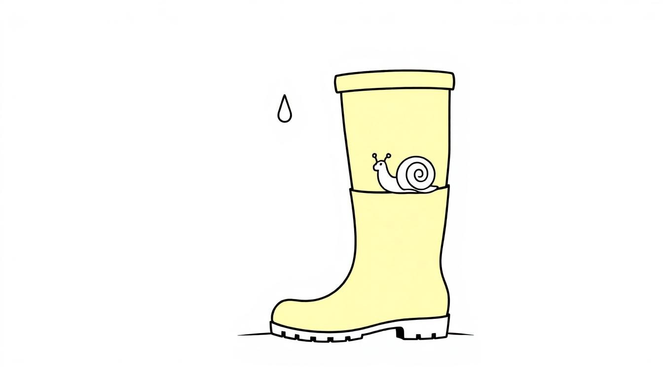 Ein gelber Gummistiefel mit einer Schnecke im Schaft und einem Regentropfen daneben, bereit zum Ausmalen als Farbtafel.