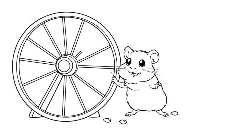 Schwarz-Weiß-Farbtafel eines süßen Hamsters mit großen Augen, der neben einem Hamsterrad steht, das bereit ist zum Rennen.