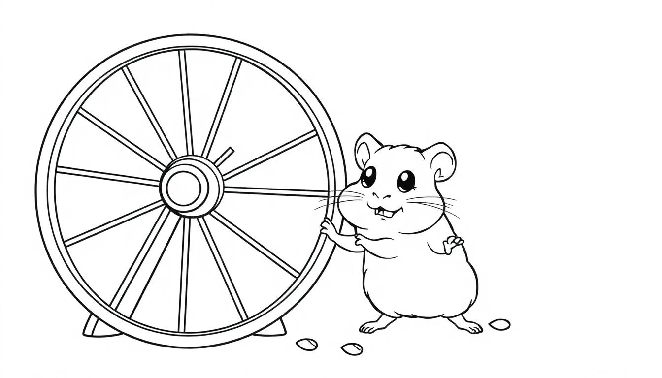 Schwarz-Weiß-Farbtafel eines süßen Hamsters mit großen Augen, der neben einem Hamsterrad steht, das bereit ist zum Rennen.