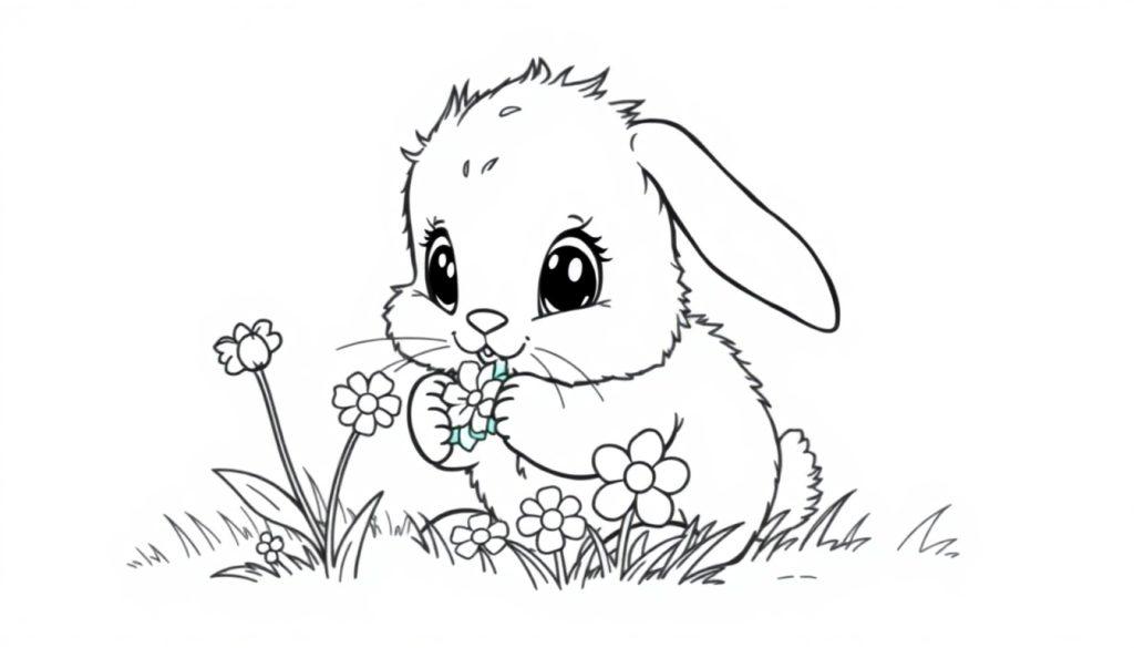 Eine Schwarz-Weiß-Farbtafel eines Cartoon-Hasen, der Blumen frisst.
