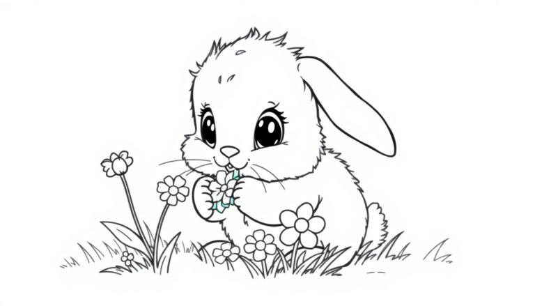 Eine Schwarz-Weiß-Farbtafel eines Cartoon-Hasen, der Blumen frisst.