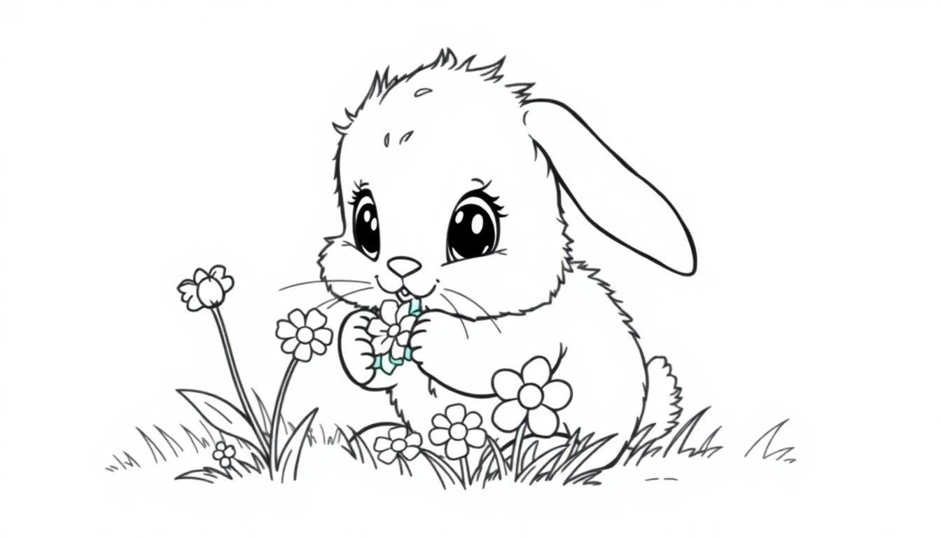 Eine Schwarz-Weiß-Farbtafel eines Cartoon-Hasen, der Blumen frisst.
