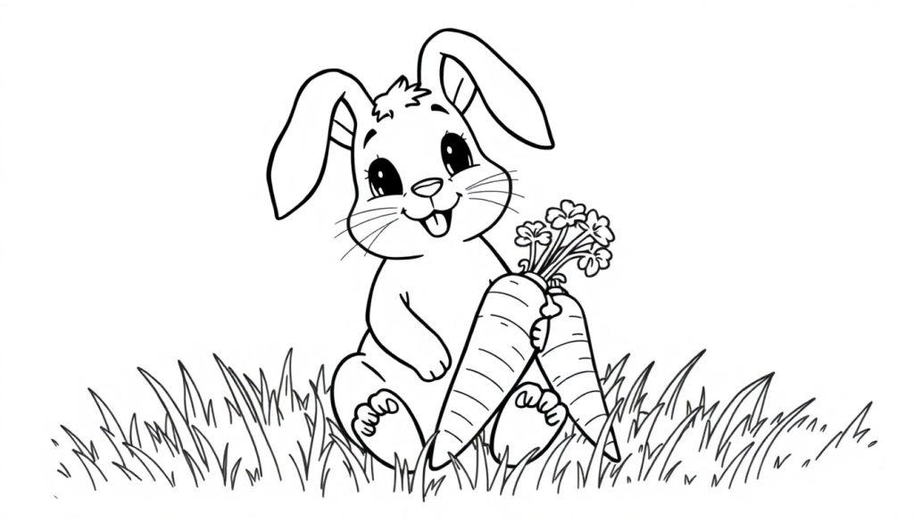 Schwarz-weiß Farbtafel: Ein niedlicher Hase mit langen Ohren und einem Lächeln, der Karotten hält.