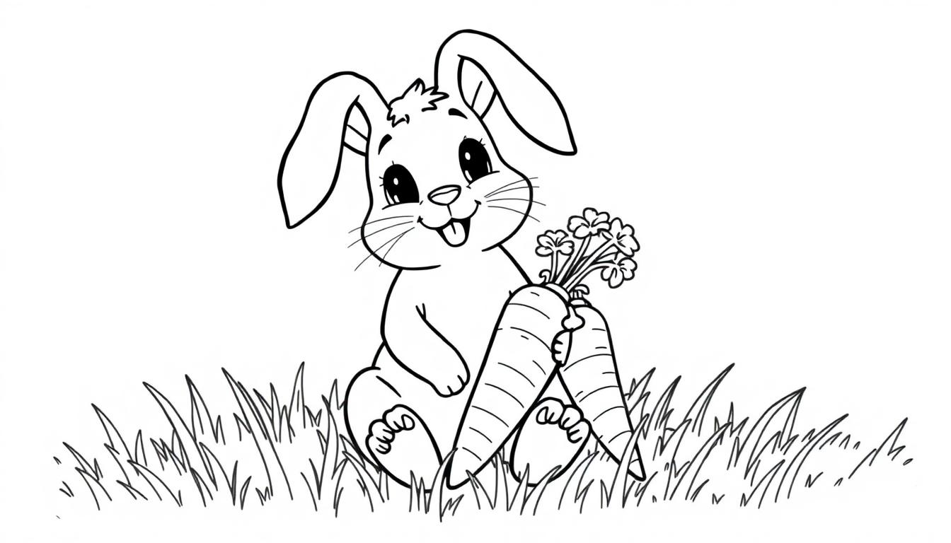Schwarz-weiß Farbtafel: Ein niedlicher Hase mit langen Ohren und einem Lächeln, der Karotten hält.